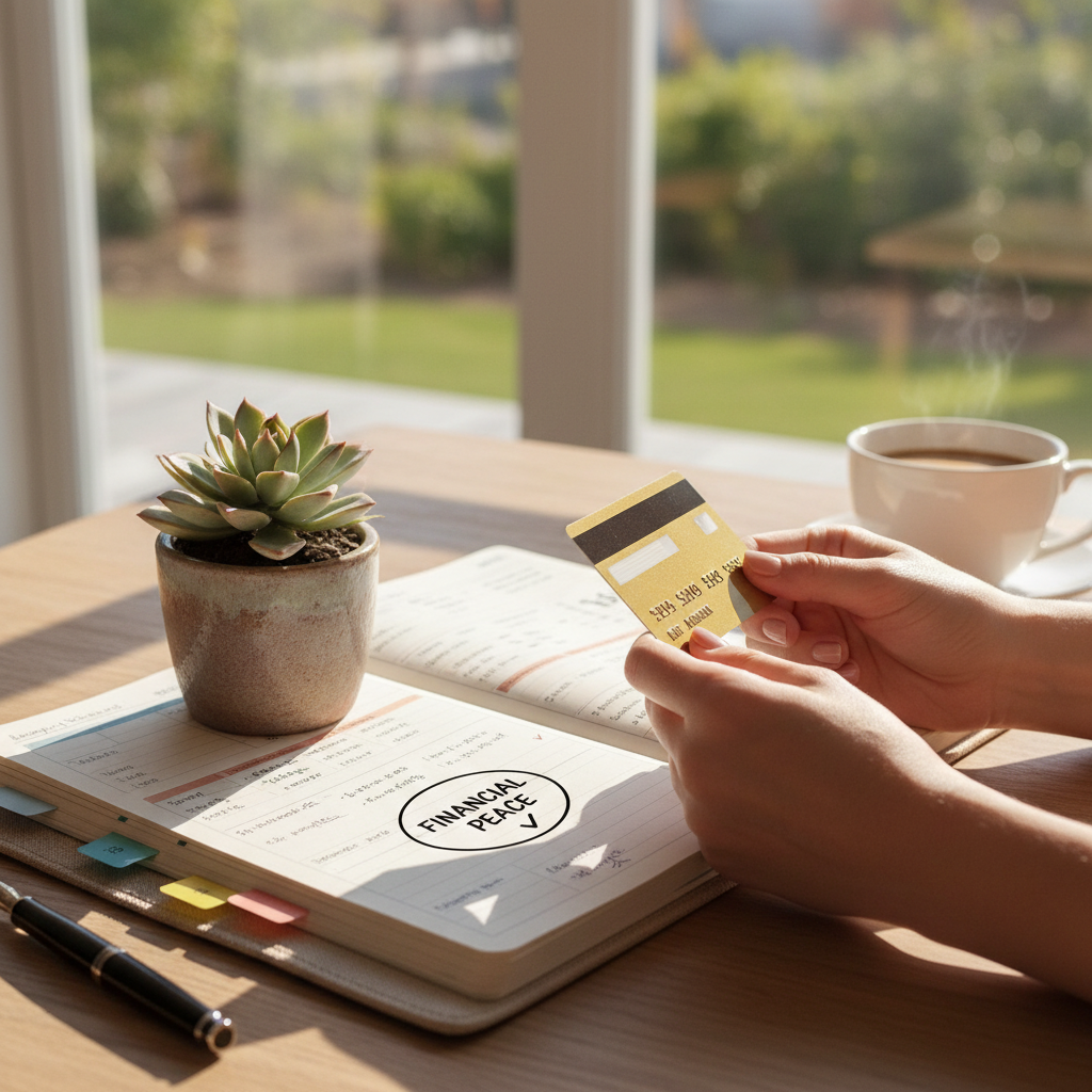A serene, sunlit desk with a person's hands comfortably holding a credit card, a small potted plant, and a neatly organized budget planner, symbolizing financial peace and organization. Photorealistic, soft focus background.