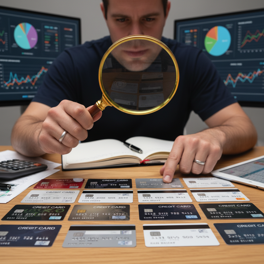 A person with a magnifying glass meticulously examining different credit cards laid out on a table, with charts and graphs in the background, representing thorough research and comparison of financial products. Detailed and clean shot.