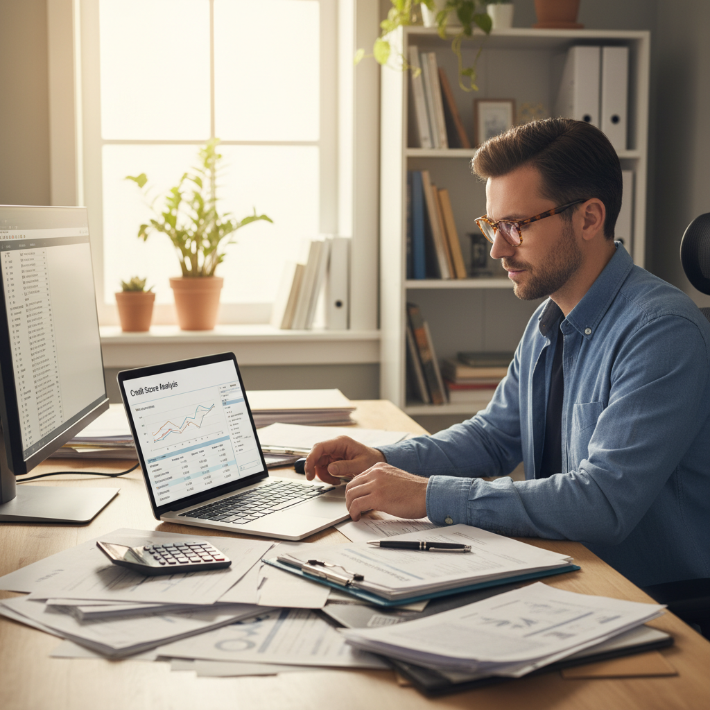A person calmly reviewing their credit report on a laptop, surrounded by financial documents, with a focused yet determined expression. The background is a clean home office.