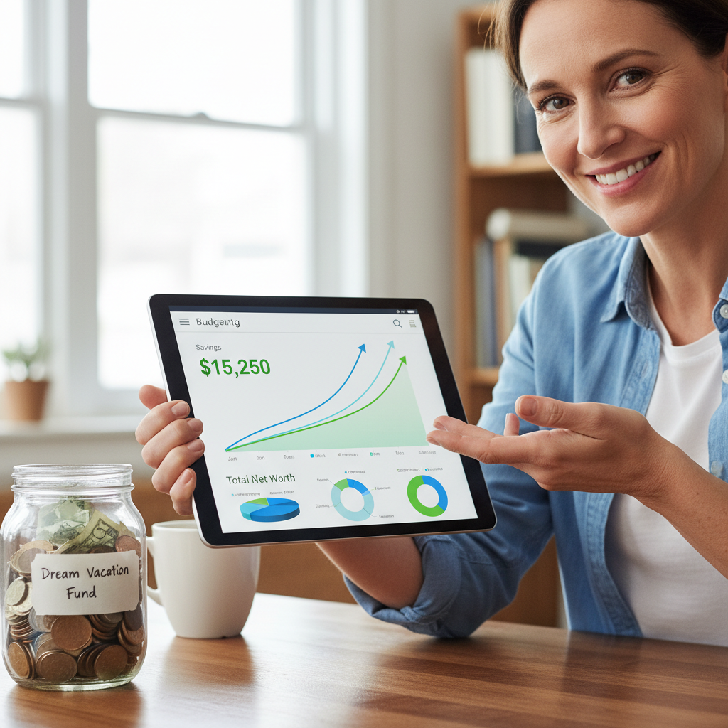 A person happily using a budgeting app on a tablet, with graphs and charts showing positive financial progress. There's a savings jar nearby and a confident smile on their face.
