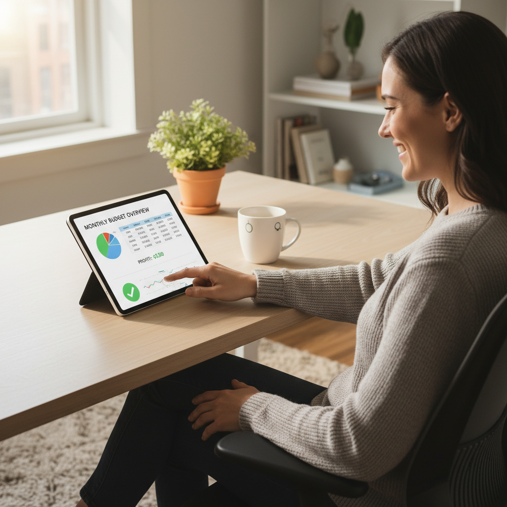 A person happily managing a digital budget on a tablet, showing graphs and numbers, with a coffee mug nearby in a modern, well-lit home office setting. The person looks relaxed and in control of their finances, with a hint of satisfaction. Photorealistic.