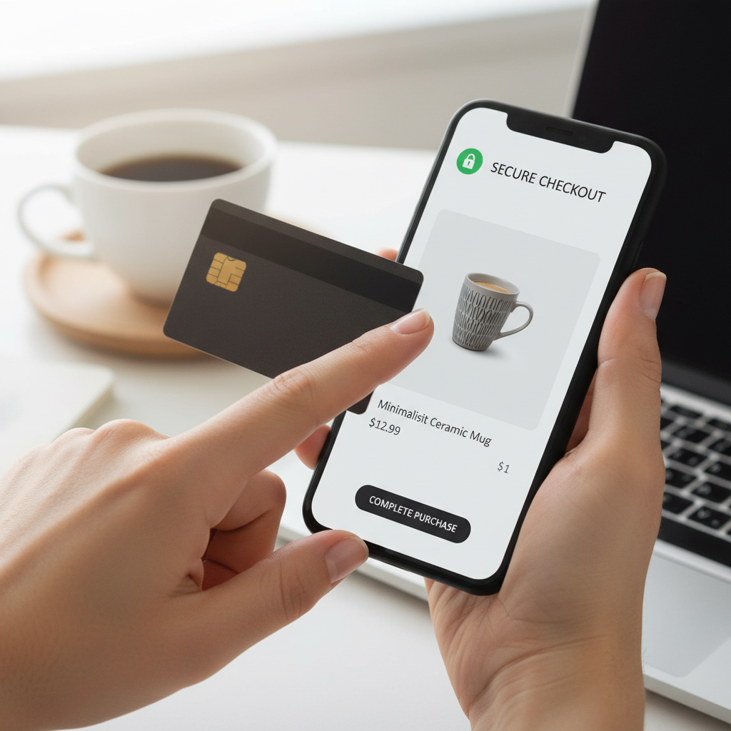 A hand holding a credit card, pointing towards a smartphone screen displaying a secure online shopping cart with a small, strategic purchase. The background is slightly blurred to emphasize the action, with a clean and contemporary feel. Photorealistic.