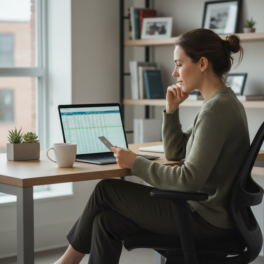 A person with a relaxed expression, sitting at a modern desk, thoughtfully reviewing a digital budget spreadsheet on a laptop screen while holding a sleek credit card. A cup of coffee and a small plant are on the desk, creating a calm and productive atmosphere, realistic photo.