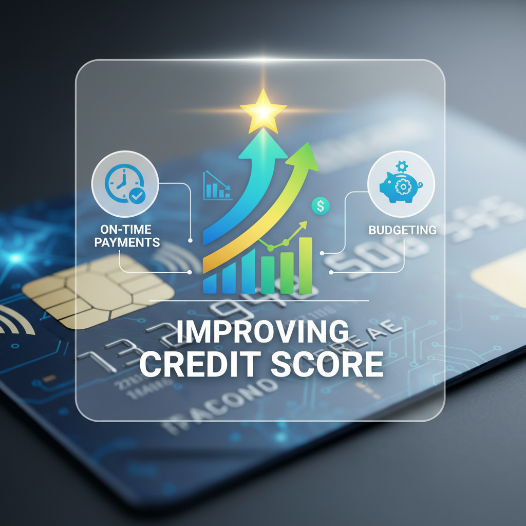 A vibrant, clear infographic showing a rising arrow symbolizing an improving credit score, surrounded by small icons representing smart financial habits like 'on-time payments', 'low utilization', and 'budgeting'. A subtle credit card design is integrated into the background, bright and optimistic, realistic photo.