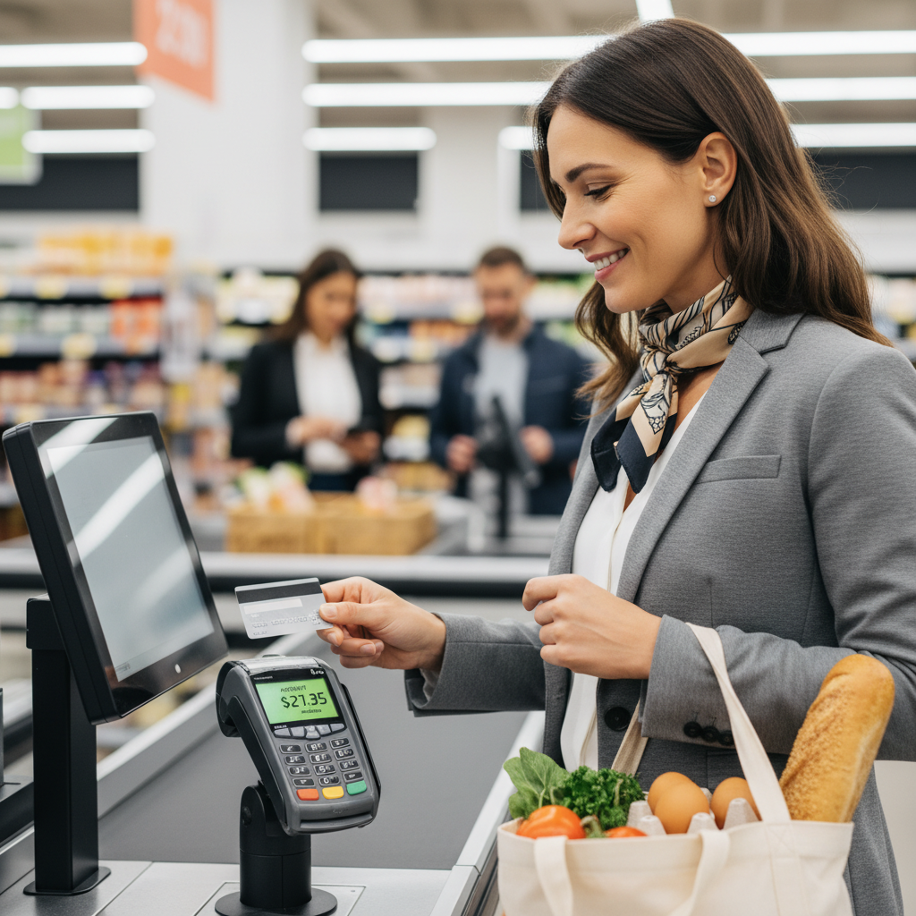 A person smartly paying for groceries with a credit card at a supermarket checkout, smiling confidently, with a small amount visible on the card reader screen, illustrating responsible spending.