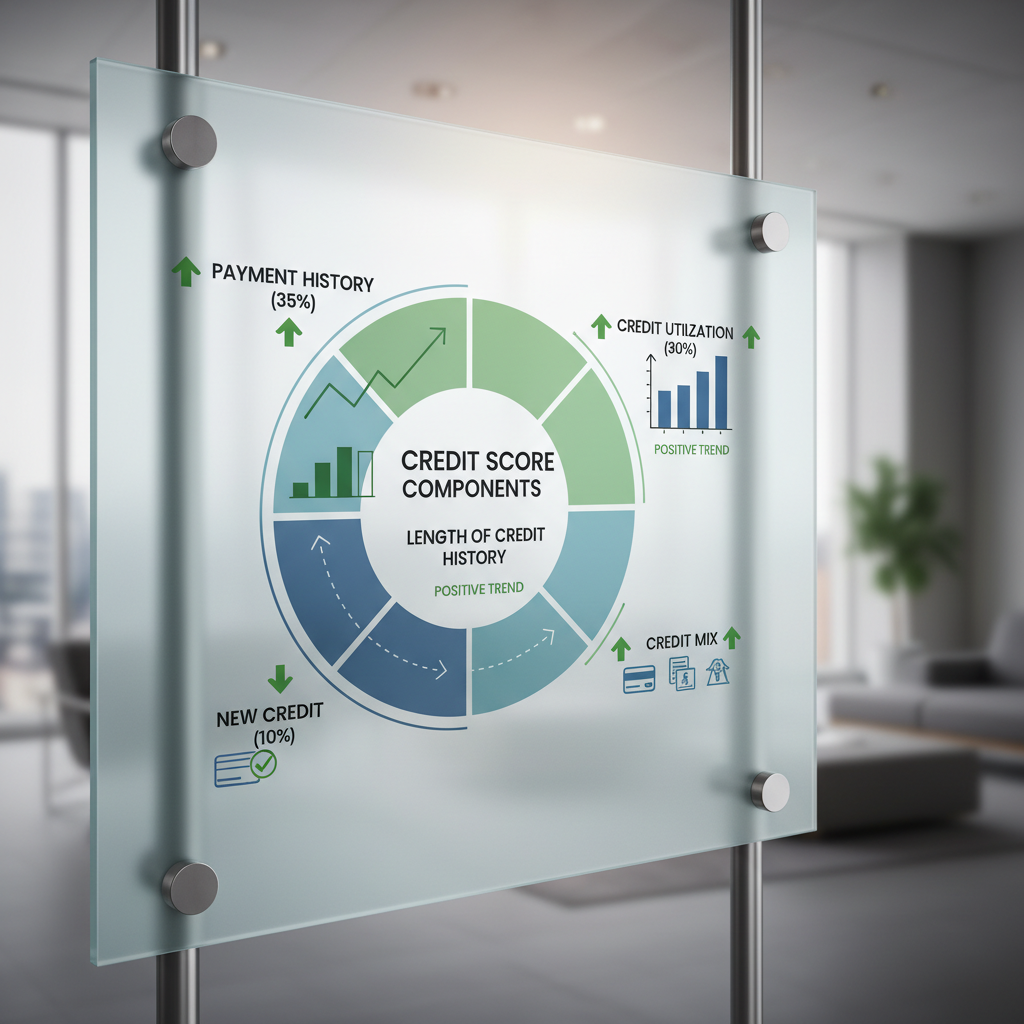 A detailed infographic illustrating the components of a credit score (payment history, credit utilization, length of credit history, new credit, credit mix) with positive trends indicated for each, set against a modern, clean background.