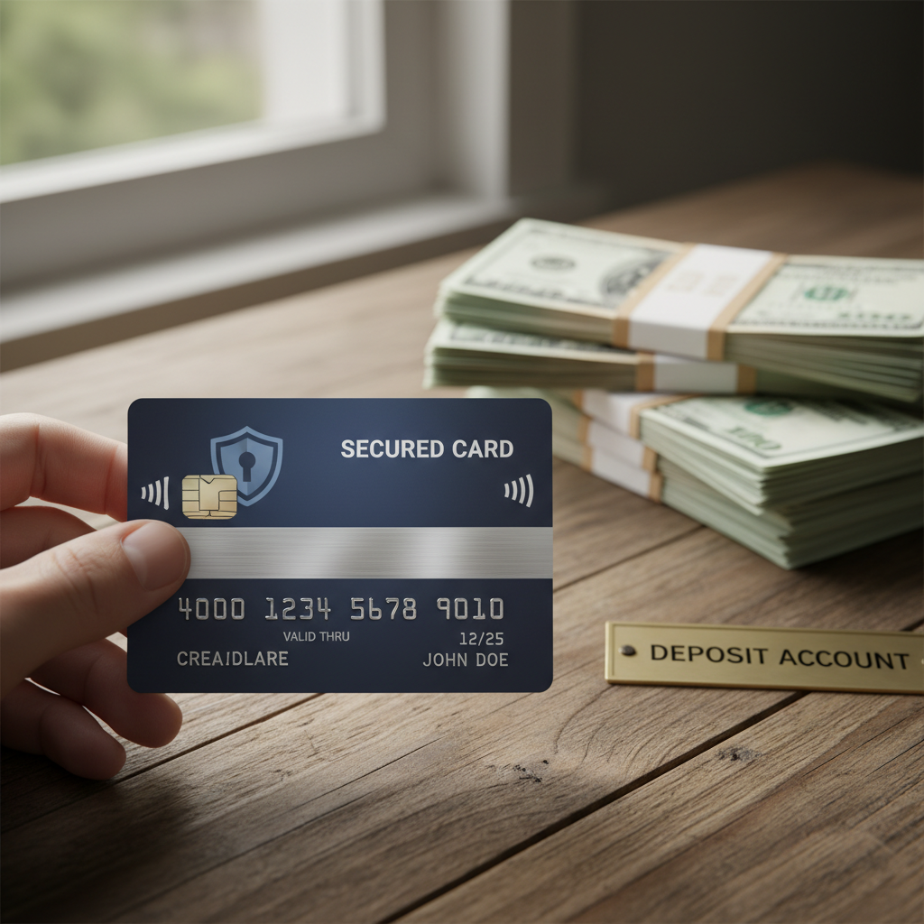 A person's hand holding a secured credit card, with a stack of cash visible in the background on a wooden desk, symbolizing the deposit. The card should have a generic design with no specific bank branding, focusing on the concept of a secured card.