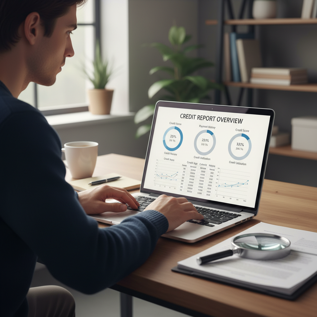 A person sitting at a desk, looking intently at a laptop screen displaying a credit report summary with charts and numbers. A magnifying glass is on the desk next to the laptop, suggesting careful review.