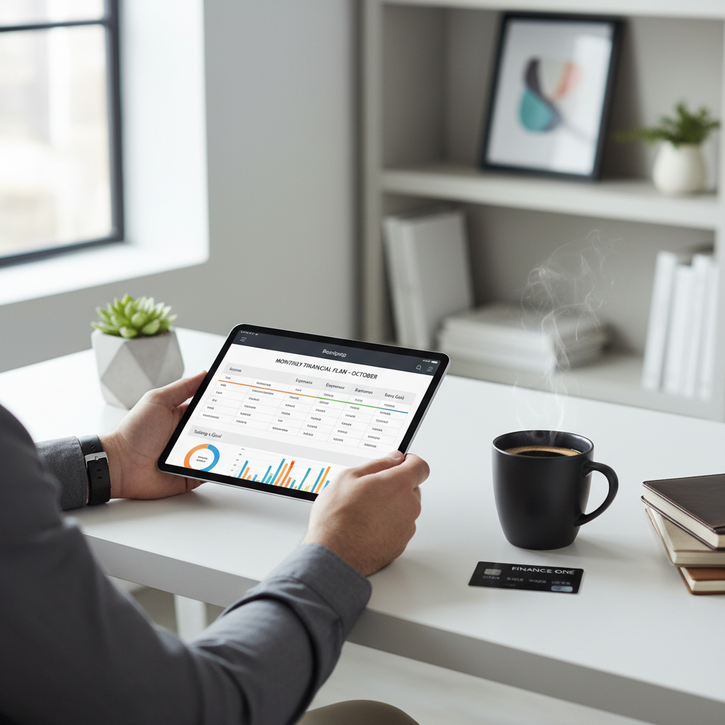 A person sitting at a modern desk, meticulously planning their monthly budget on a tablet, with a credit card and a cup of coffee nearby. The scene is bright and organized, conveying financial planning and discipline. Photorealistic style.