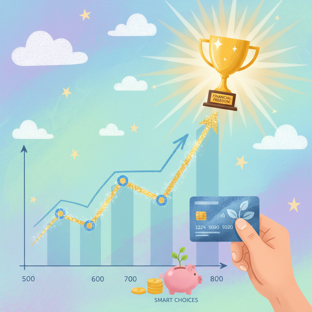 A vibrant illustration of a person's credit score graph steadily rising, with a shining trophy representing financial success in the background. A hand is holding a credit card responsibly, symbolizing good financial habits. Whimsical and aspirational style.