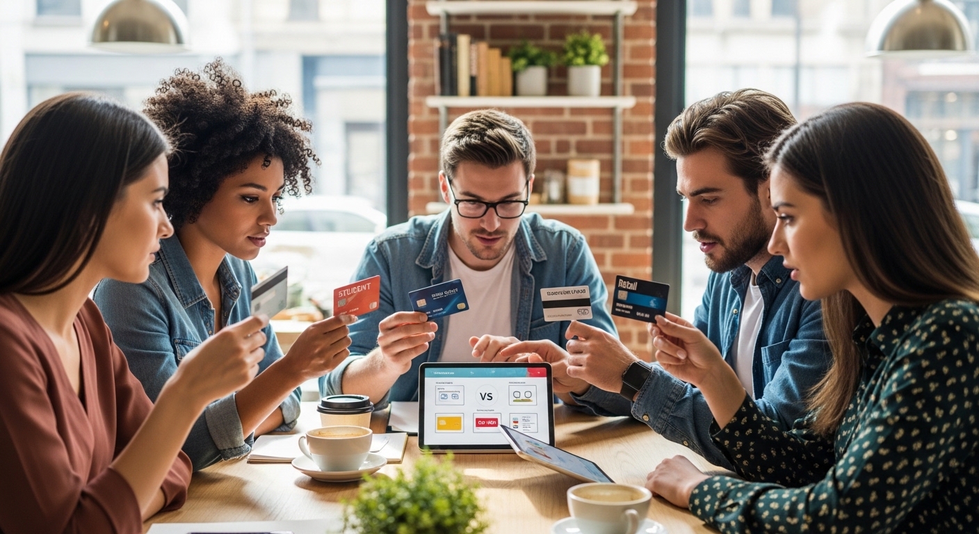 A diverse group of young adults, some students and some first-time cardholders, sitting at a cafe table, each looking at a different type of credit card (secured, student, retail) with focused expressions, comparing features on a tablet. The setting is modern and bright, with natural light.