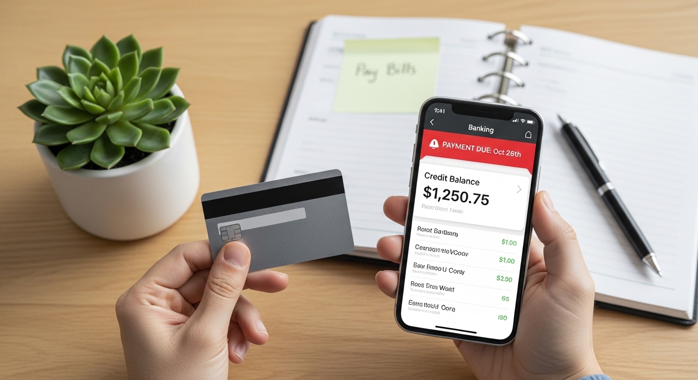 A close-up, top-down shot of a person's hands holding a credit card and a smartphone, on the smartphone screen is a banking app showing a credit card balance and recent transactions with a