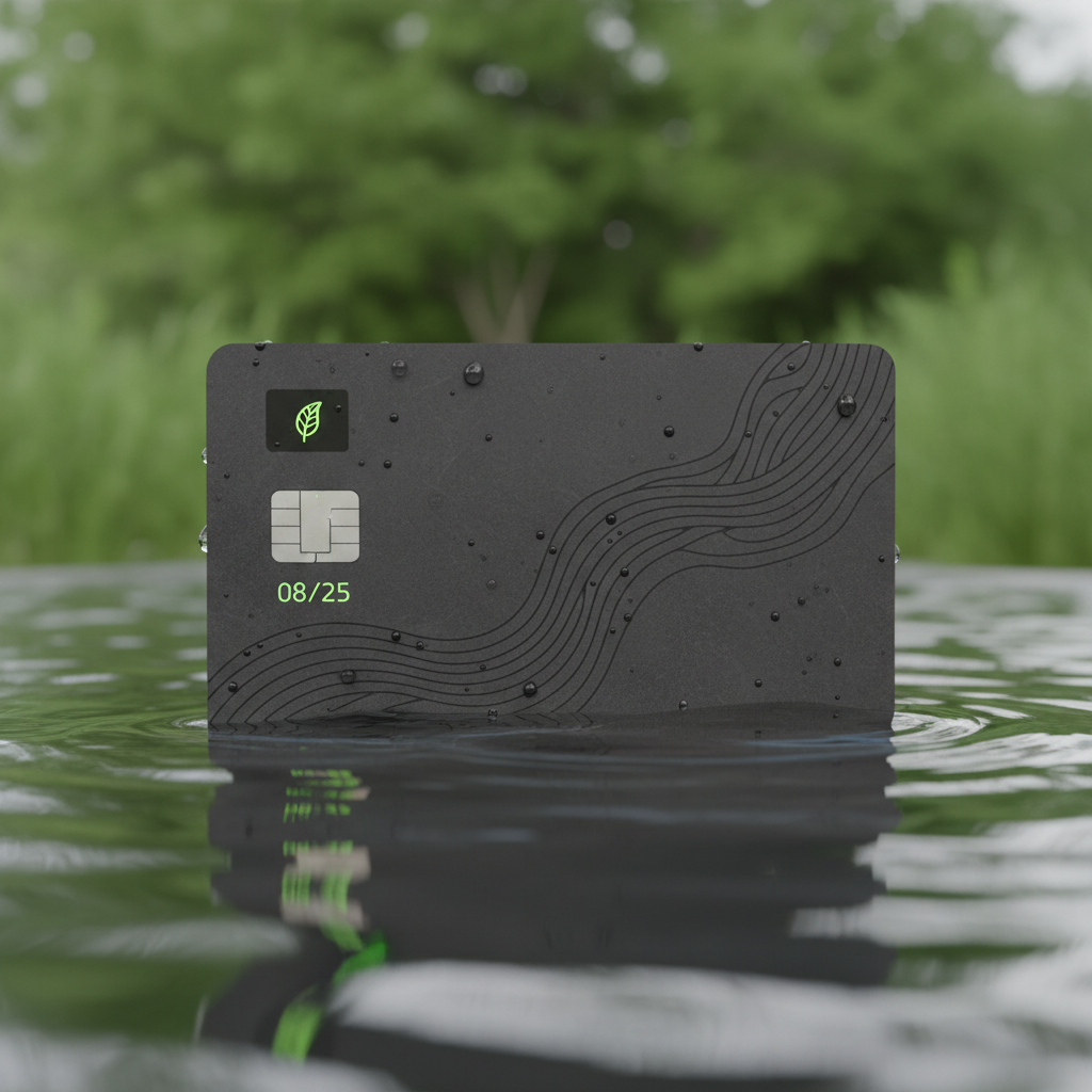 A close-up, high-angle shot of a sleek, modern credit card made from recycled, dark matte material, partially submerged in a pool of clear water reflecting ambient light. The card features subtle, organic design elements and a digital display showing a small leaf icon, symbolizing sustainability. The background is a soft, blurred natural green.