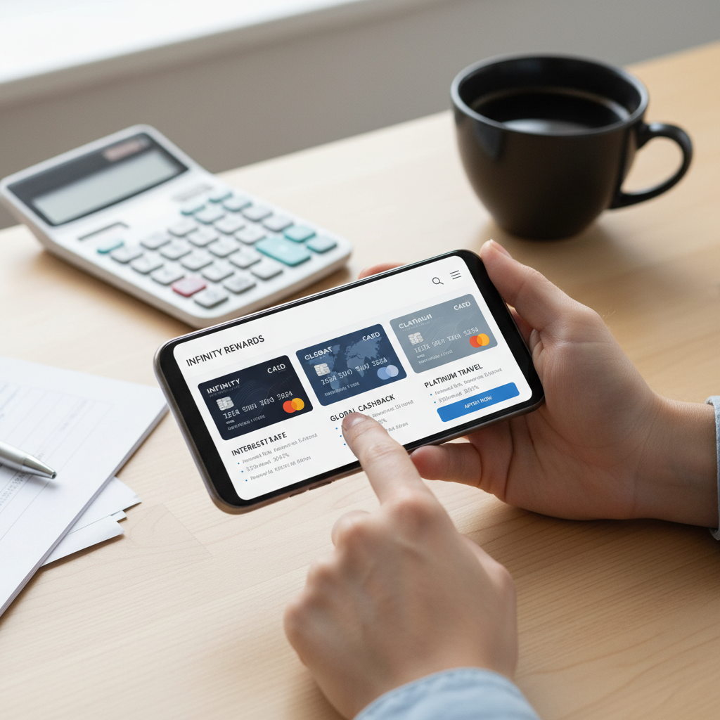 A detailed, photorealistic image showing a person's hand holding a smartphone, comparing different credit card offers displayed on the screen. The background is a clean, modern office desk with a calculator and a cup of coffee, suggesting thoughtful financial planning.