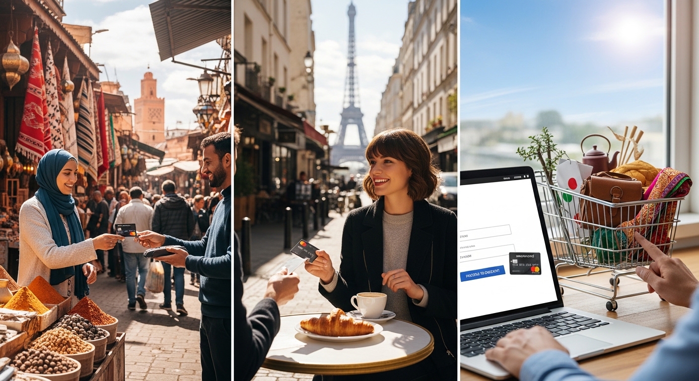 A diverse group of people from different countries happily using their Mastercard credit cards at various international locations, including a bustling street market in Marrakech, a chic cafe in Paris, and an online shopping cart on a laptop, all under a bright, clear sky. Photorealistic and vibrant.