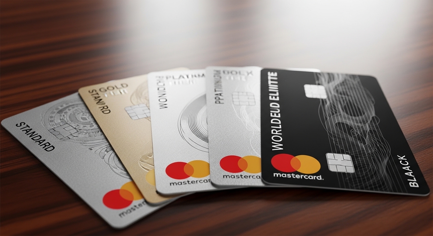 A close-up, high-angle shot of several elegant, distinct Mastercard credit cards (Standard, Gold, Platinum, World Elite) fanned out on a sleek, modern desk, reflecting soft, professional lighting. Each card displays unique design elements and branding. Photorealistic and crisp.