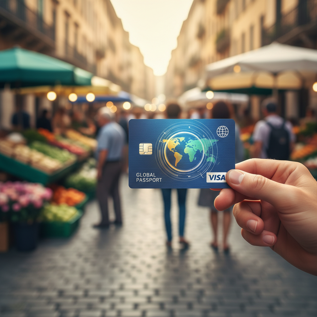 A close-up, photorealistic shot of a hand holding a credit card with a world map hologram, with a blurred background of a bustling European street market under a sunny sky. The card is prominently displayed, showing its sleek design and the idea of global acceptance.