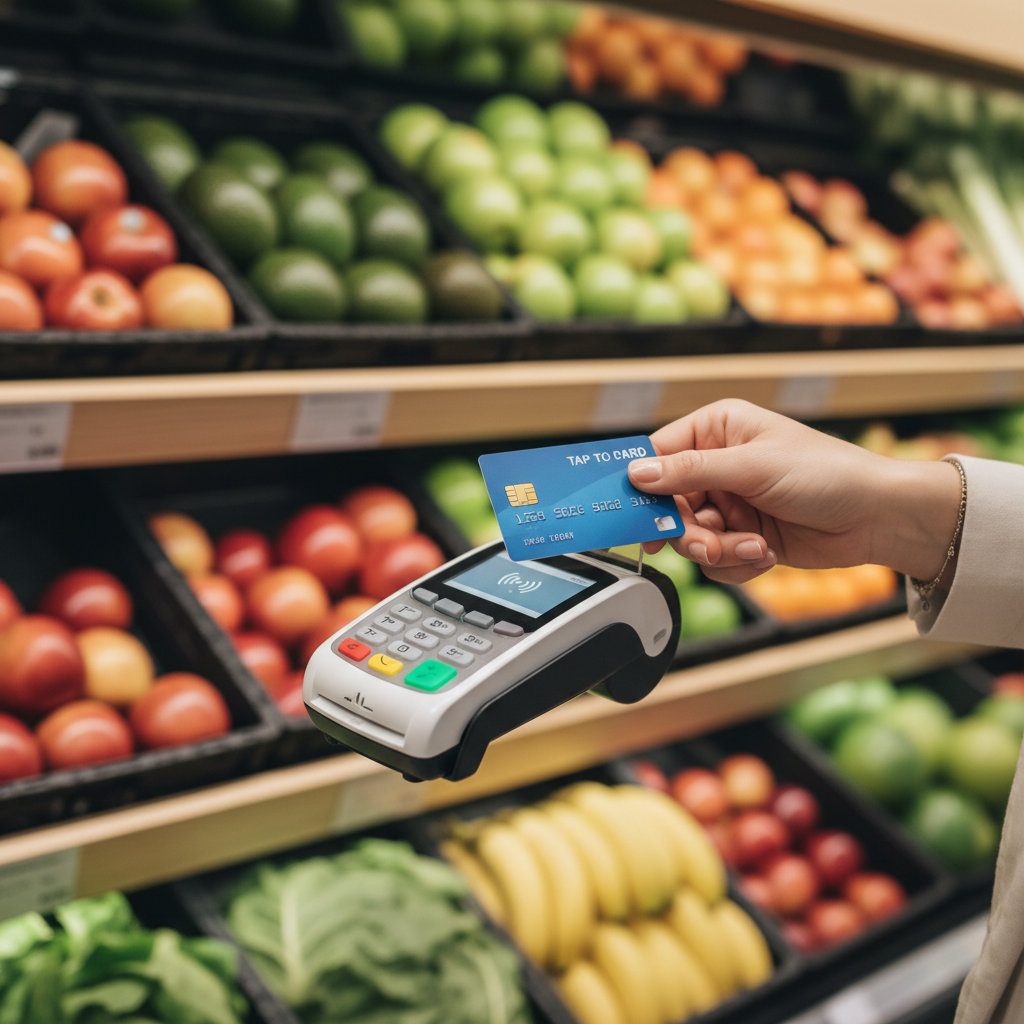 A close-up, photorealistic image of a person's hand holding a credit card, about to tap it on a payment terminal in a modern grocery store. The background is slightly blurred with shelves of fresh produce. The scene is bright and friendly, emphasizing ease of payment.