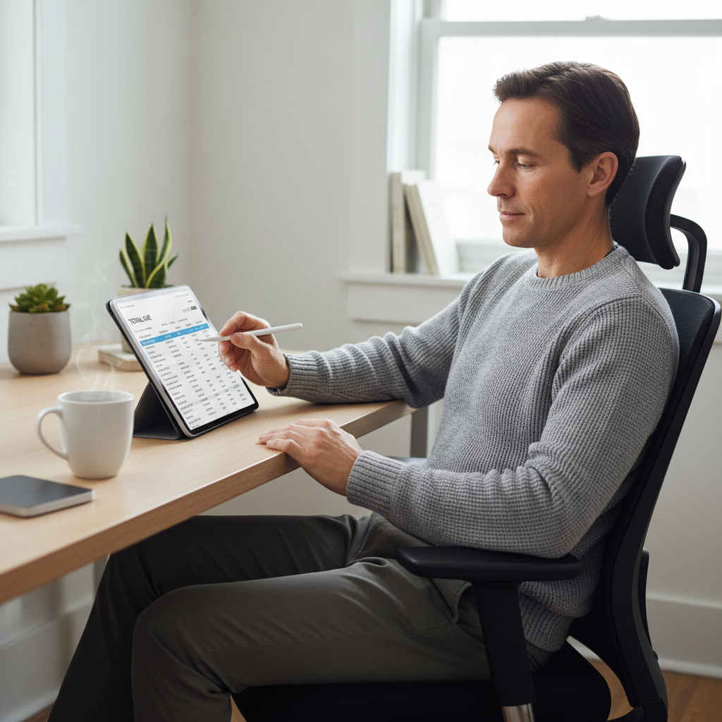 A detailed, realistic image of a person sitting comfortably at a modern desk, reviewing their monthly credit card statement on a tablet, with a cup of coffee nearby. The person looks focused but calm, indicating responsible financial management. The background is a clean, minimalist home office setting.