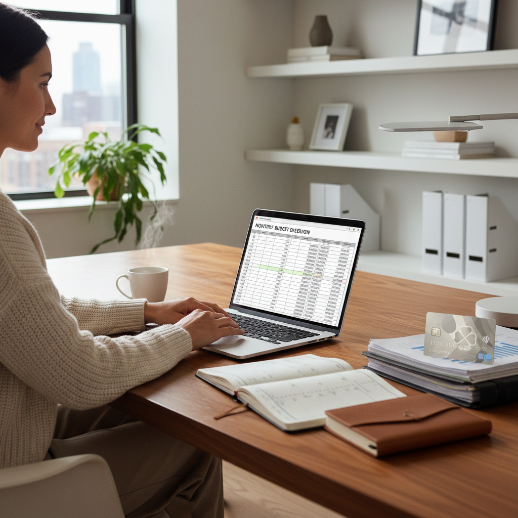 A person calmly reviewing a budget on a laptop, with a credit card subtly visible next to it, set in a modern, well-lit home office. The focus is on organization and financial planning.