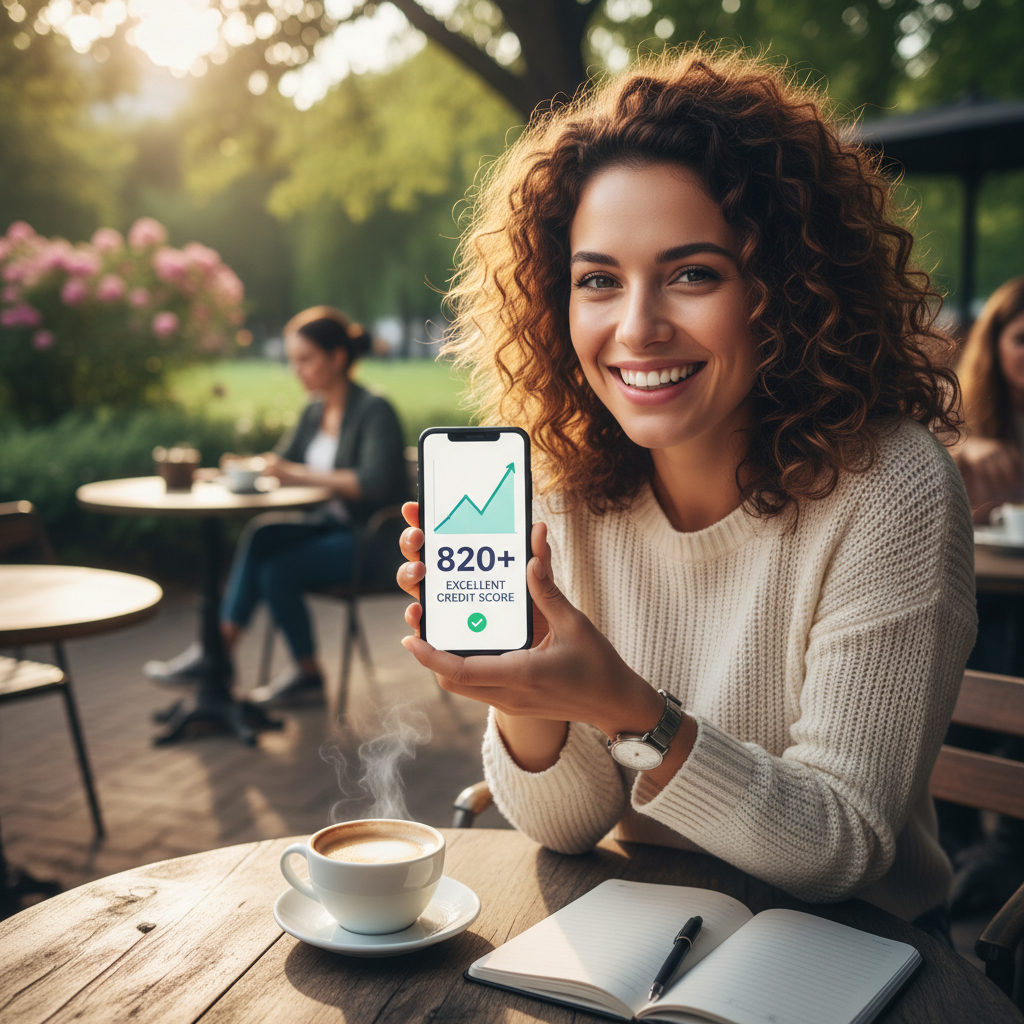 A person smiling confidently while looking at a smartphone displaying a positive credit score graph, in a bright, optimistic setting, possibly a cafe or park, conveying financial success.