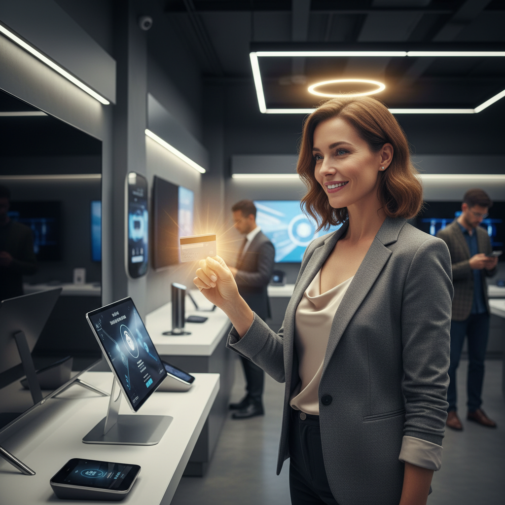 A person smiling confidently while browsing a high-end electronics store, holding a credit card, with a subtle glow representing financial freedom.