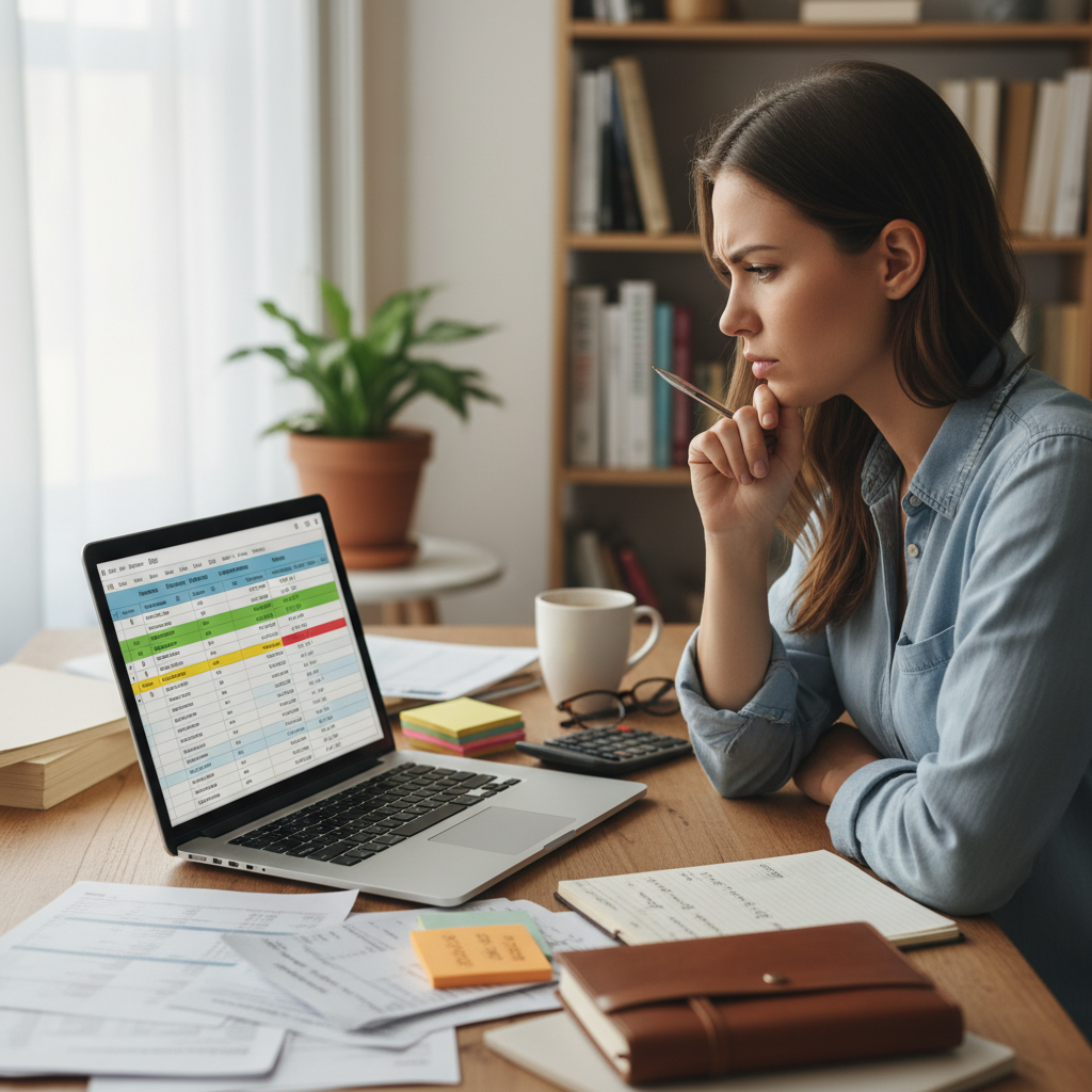 A person thoughtfully looking at a budget spreadsheet on a laptop, surrounded by financial documents, depicting careful financial planning.