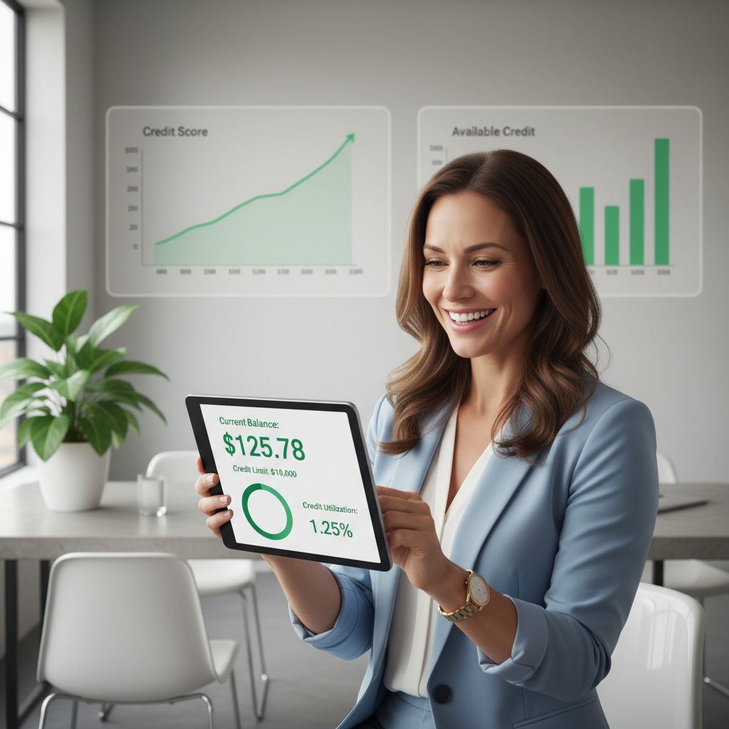 A person smiling confidently while looking at a credit card statement on a tablet, with graphs showing low credit utilization and a rising credit score in the background. The scene is bright and modern, conveying financial success.