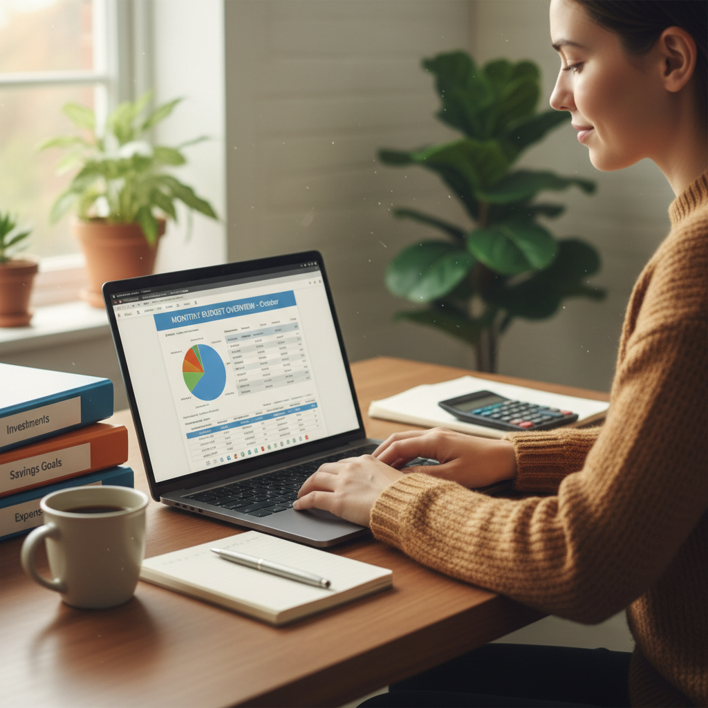 A person calmly reviewing their monthly budget on a laptop, surrounded by well-organized financial documents and a cup of coffee. The overall scene is serene and emphasizes responsible financial planning.