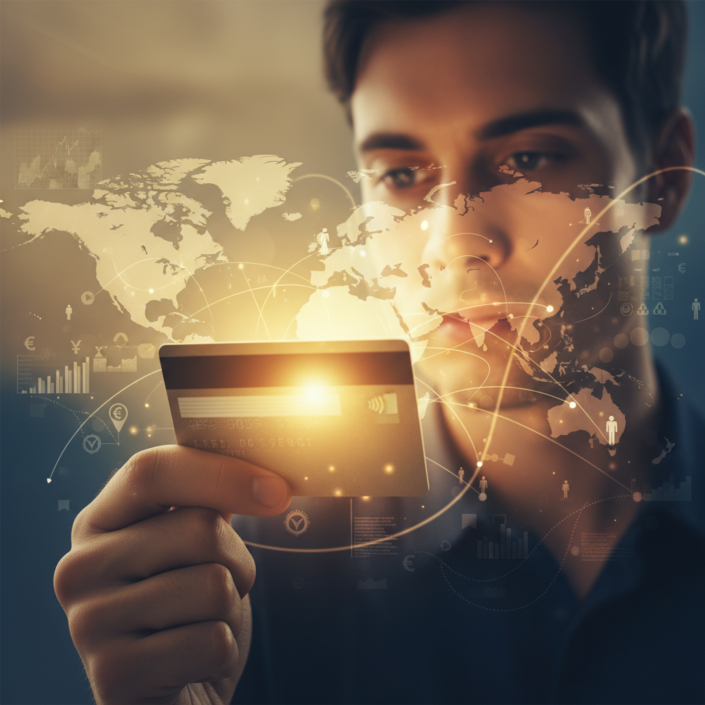A person looking thoughtfully at a credit card in their hand, which emits a soft, golden glow. The background is blurred, suggesting a world full of possibilities, perhaps a map or abstract lines representing paths and opportunities. The style is warm, inspiring, and slightly surreal, with a focus on human connection to finance.