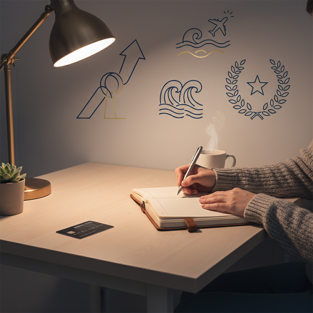 A person sitting at a minimalist desk, warmly lit, diligently writing in a journal. A sleek credit card is subtly placed next to the journal. Around them are subtle, abstract illustrations representing financial growth, travel, and personal achievements, conveying a sense of calm purpose and inspiration. The scene is photorealistic and inviting.
