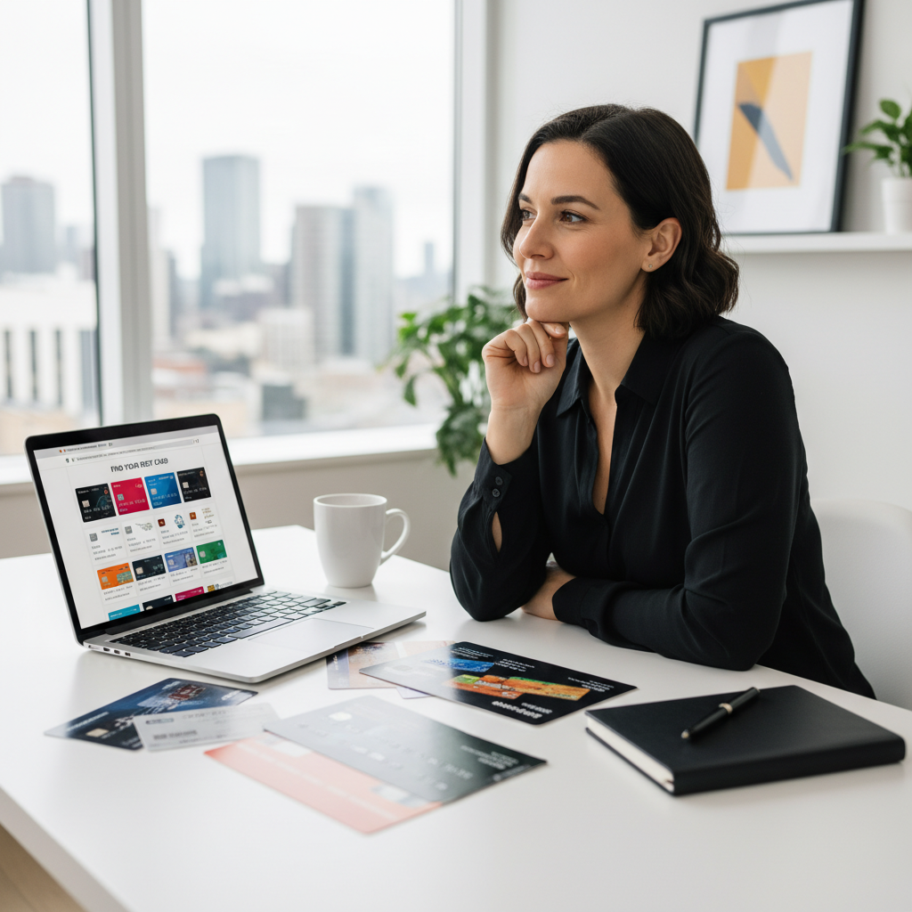 A person sitting at a desk, looking thoughtful but hopeful, with various credit card brochures and a laptop open to a credit comparison website. The setting is bright and modern, conveying a sense of possibility and research.