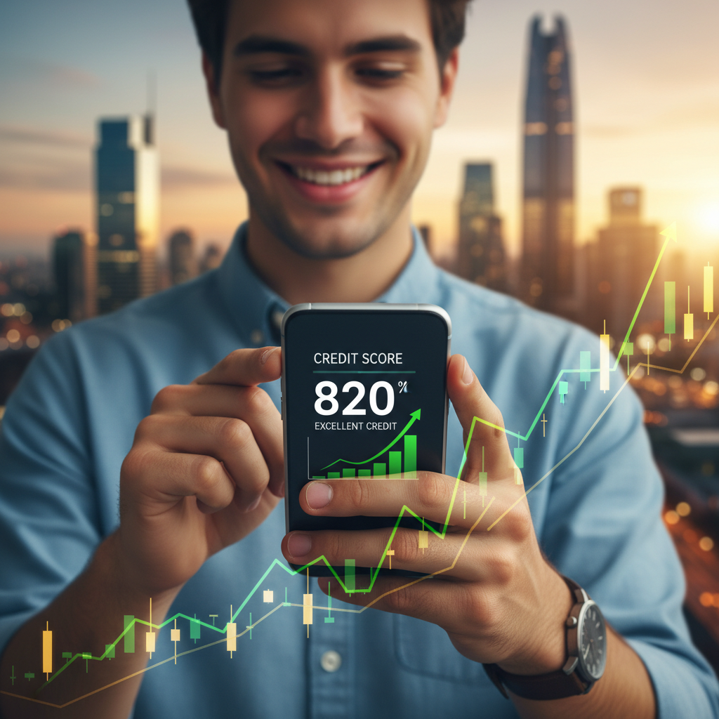 A person smiling confidently while checking their credit score on a smartphone, with a blurred background showing a thriving financial graph or a city skyline, symbolizing progress and achievement. The image should be vibrant and optimistic.
